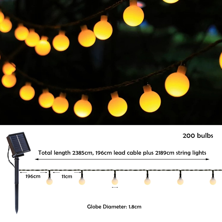 Brilagi - LED ηλιακή διακοσμητική γιρλάντα BUBBLE 200 LED/8 λειτουργίες 20m IP65 θερμό λευκό 800 mAh