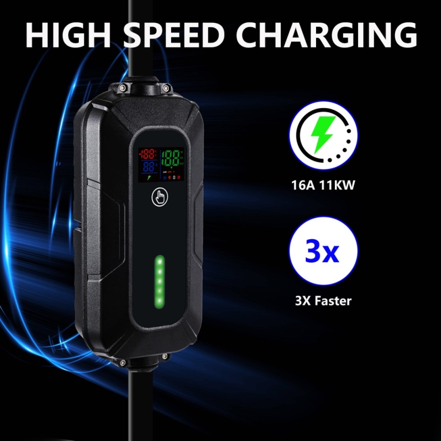 Brilagi - Σταθμός φόρτισης ταξιδιού EV για ηλεκτρικά αυτοκίνητα FAST AC Type 2 16A/380V 11kW + φις 230V, 3,7kW 5m + Θήκη