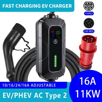 Brilagi - Σταθμός φόρτισης ταξιδιού EV για ηλεκτρικά αυτοκίνητα FAST AC Type 2 16A/380V 11kW + φις 230V, 3,7kW 5m + Θήκη