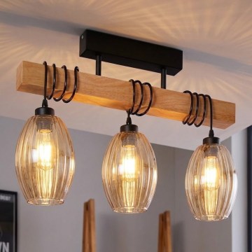 Brilagi - Πλαφονιέρα WOOD GLASS 3xE27/60W/230V πεύκο/μαύρο/καπνιστό μπεζ