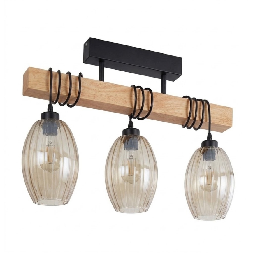 Brilagi - Πλαφονιέρα WOOD GLASS 3xE27/60W/230V πεύκο/μαύρο/καπνιστό μπεζ