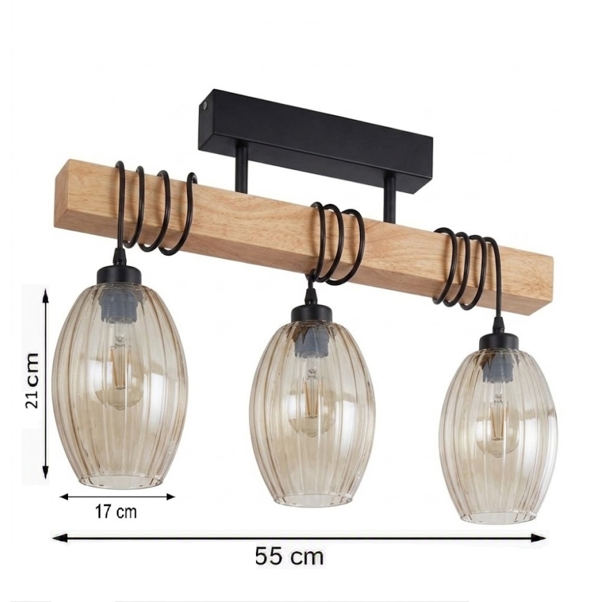 Brilagi - Πλαφονιέρα WOOD GLASS 3xE27/60W/230V πεύκο/μαύρο/καπνιστό μπεζ