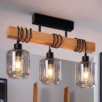 Brilagi - Πλαφονιέρα οροφής WOOD GLASS 3xE27/60W/230V πεύκο/μαύρο/καπνιστό μπεζ