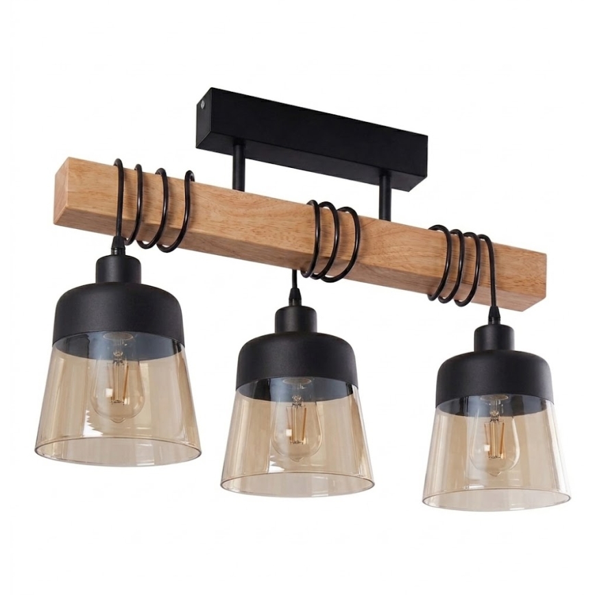 Brilagi - Φωτιστικό οροφής (πλαφονιέρα) WOOD GLASS 3xE27/60W/230V πεύκο/μαύρο/καπνιστό καφέ