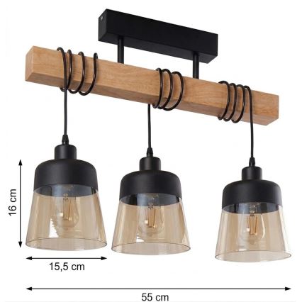 Brilagi - Φωτιστικό οροφής (πλαφονιέρα) WOOD GLASS 3xE27/60W/230V πεύκο/μαύρο/καπνιστό καφέ
