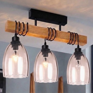 Brilagi - Προσκολλητό φωτιστικό οροφής WOOD GLASS 3xE27/60W/230V πεύκο/μαύρο/καπνιστό μπεζ