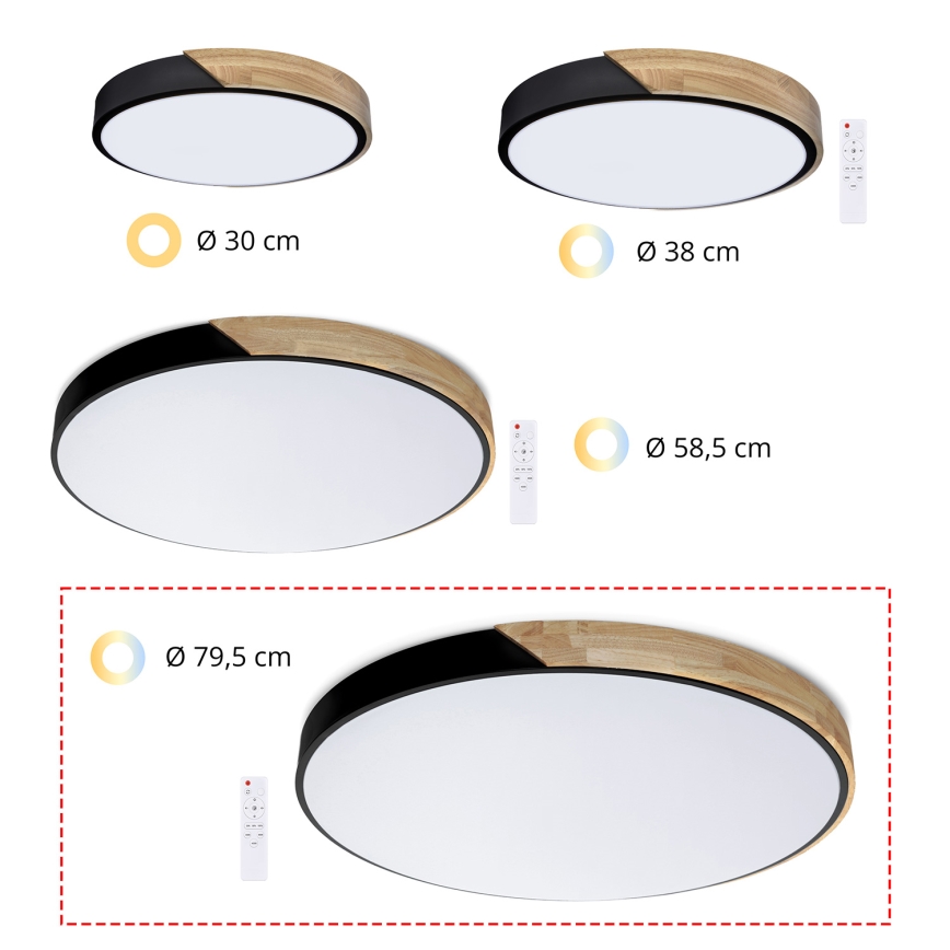 Brilagi - Ρυθμιζόμενο LED φωτιστικό οροφής PILANA LED/72W/230V 3000-6500K δρυς/μαύρο διάμ. 80 cm + τηλεχειριστήριο