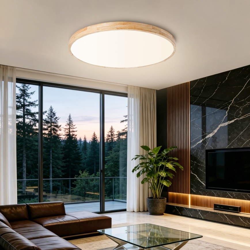 Brilagi - Ρυθμιζόμενο φωτιστικό οροφής LED WOODLINE, 100 W, 230 V, 3000–6000 K, σε απόχρωση δρυός, διάμ. 80 εκ. + τηλεχειριστήριο