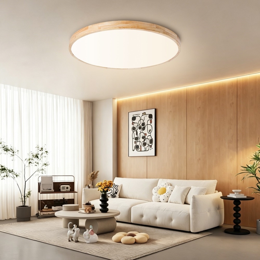 Brilagi - Ρυθμιζόμενο φωτιστικό οροφής LED WOODLINE, 100 W, 230 V, 3000–6000 K, σε απόχρωση δρυός, διάμ. 80 εκ. + τηλεχειριστήριο