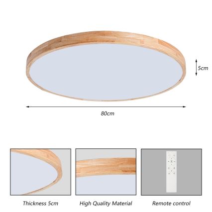 Brilagi - Ρυθμιζόμενο φωτιστικό οροφής LED WOODLINE, 100 W, 230 V, 3000–6000 K, σε απόχρωση δρυός, διάμ. 80 εκ. + τηλεχειριστήριο