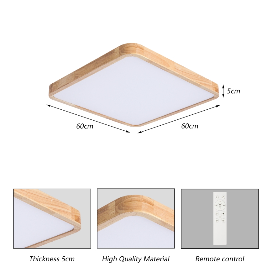 Brilagi - LED ρυθμιζόμενο φωτιστικό οροφής WOODLINE SQUARE LED/80W/230V 3000-6000K από δρυς 60x60 cm + τηλεχειριστήριο