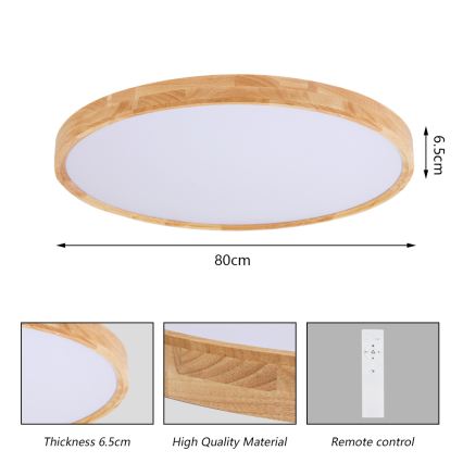 Brilagi - Ρυθμιζόμενο φωτιστικό οροφής LED WOODROUND LED/70W/230V 3000-6000K διάμ. 80 cm ξύλο CRI 90 + τηλεχειριστήριο