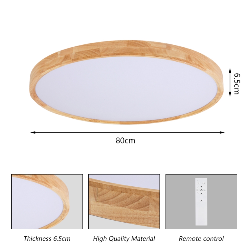 Brilagi - Ρυθμιζόμενο φωτιστικό οροφής LED WOODROUND LED/70W/230V 3000-6000K διάμ. 80 cm ξύλο CRI 90 + τηλεχειριστήριο