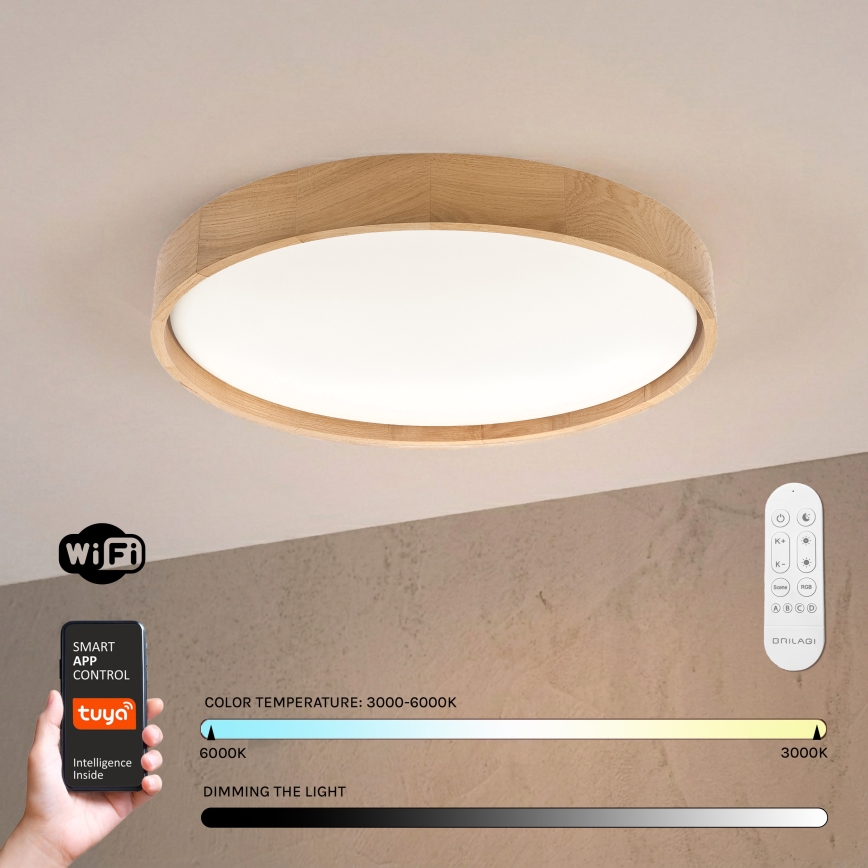 Brilagi - Ρυθμιζόμενο LED φωτιστικό οροφής MANAROLA SMART LED/36W/230V 3000-6000K Wi-Fi Tuya Beacon Ø 51 εκ. δρυς + τηλεχειριστήριο
