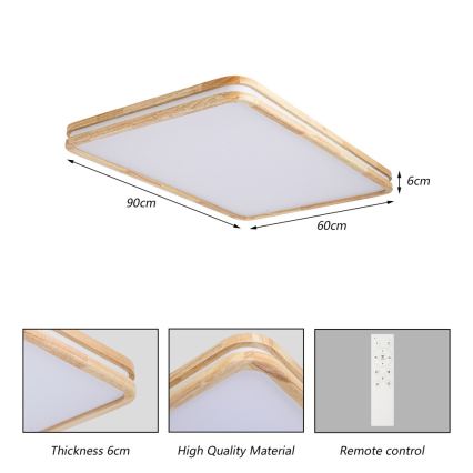 Brilagi - Ρυθμιζόμενο φωτιστικό οροφής MOLINA SQUARE LED/128W/230V 3000-6000K σε δρυ, 90x60 cm + τηλεχειριστήριο