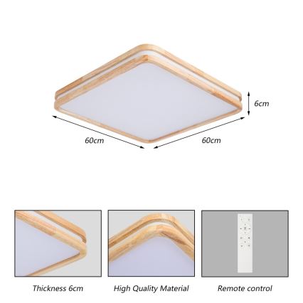 Brilagi - Ρυθμιζόμενο LED φωτιστικό οροφής MOLINA SQUARE LED/80W/230V 3000-6000K δρυς 60x60 cm + τηλεχειριστήριο