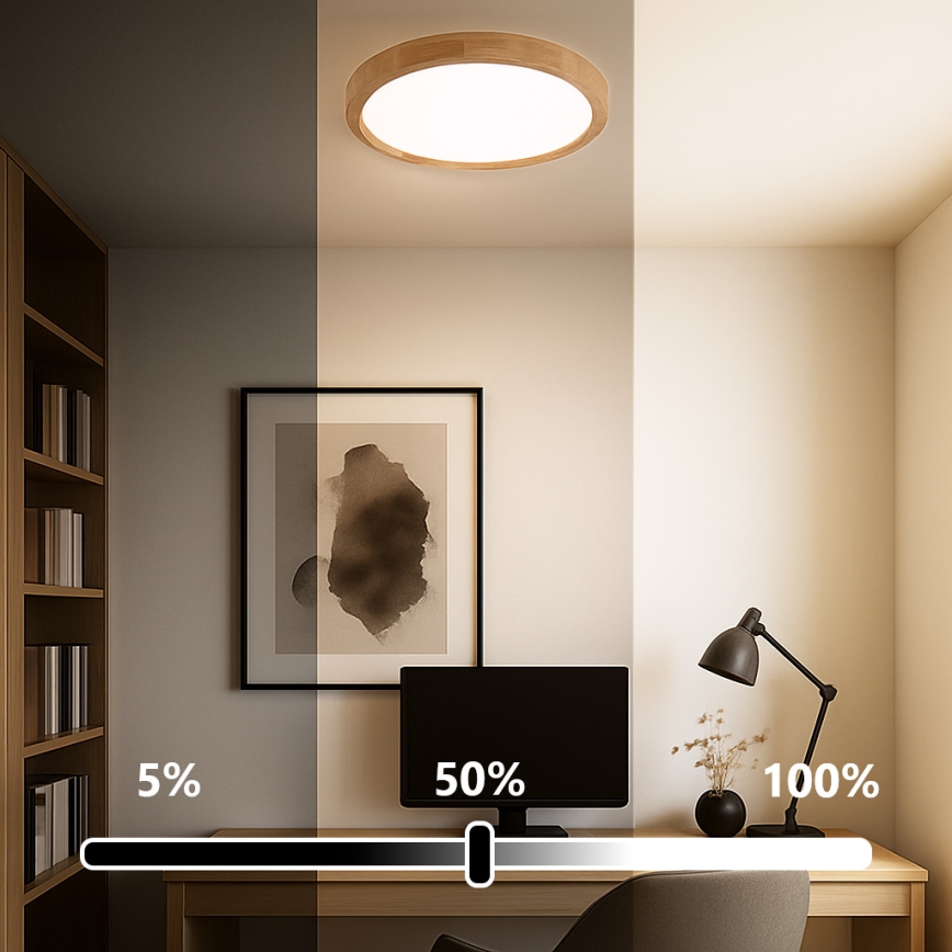 Brilagi - Ρυθμιζόμενο φωτιστικό οροφής LED WOODROUND LED/30W/230V 3000-6000K Ø 40 cm ξύλο CRI 90 + τηλεχειριστήριο