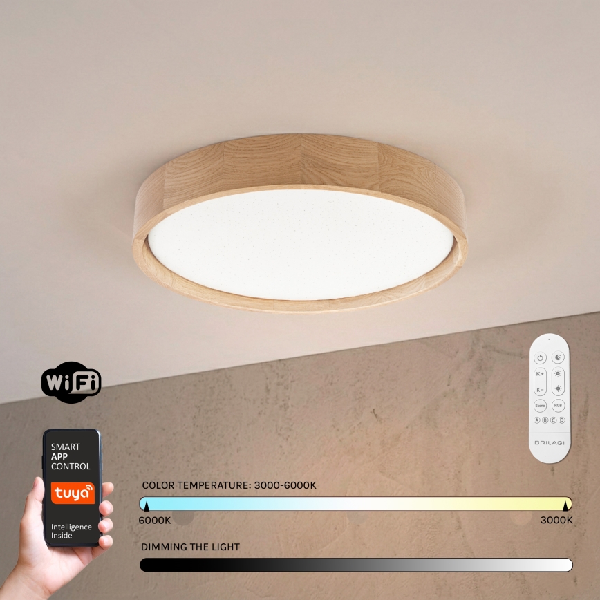Brilagi - Ρυθμιζόμενο φωτιστικό οροφής LED MANAROLA SMART STARS LED/24W/230V 3000-6000K Wi-Fi Tuya Beacon Ø 41 cm δρυς + τηλεχειριστήριο