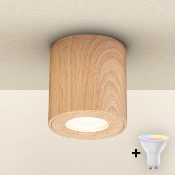 Brilagi - Ρυθμιζόμενο LED RGBW φωτιστικό μπάνιου MIA 1xGU10/4,8W/230V 3000K 84x80 mm ντεκόρ δρυός IP44 + τηλεχειριστήριο