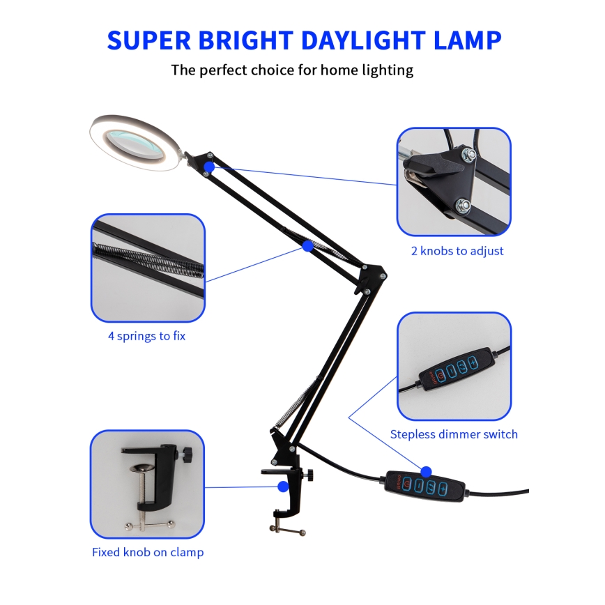 Brilagi - Ρυθμιζόμενο επιτραπέζιο φωτιστικό LED με μεγεθυντικό φακό LENS LED/12W/5V 3000/4200/6000K μαύρο