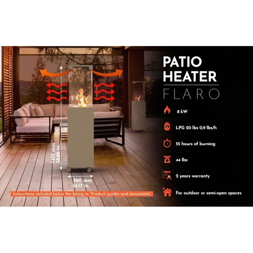 Brilagi - Υπαίθμιο τζάκι αερίου FLARO GAS 142x36 cm 8kW 1xAAA γκρι + προστατευτικό κάλυμμα