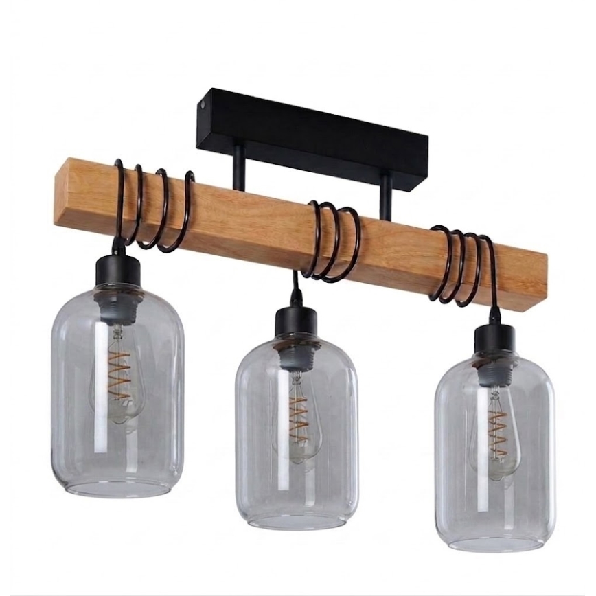 Brilagi - Επιφανειακό φωτιστικό οροφής WOOD GLASS 3xE27/60W/230V πεύκο/μαύρο/καπνιστό γκρι