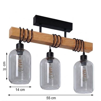 Brilagi - Επιφανειακό φωτιστικό οροφής WOOD GLASS 3xE27/60W/230V πεύκο/μαύρο/καπνιστό γκρι