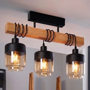 Brilagi - Επιφανειακό φωτιστικό οροφής WOOD GLASS 3xE27/60W/230V πεύκο/μαύρο/καπνιστό καφέ