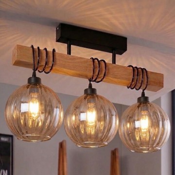 Brilagi - Επιφανειακό φωτιστικό οροφής WOOD GLASS 3xE27/60W/230V πεύκο/μαύρο/καπνιστό καφέ