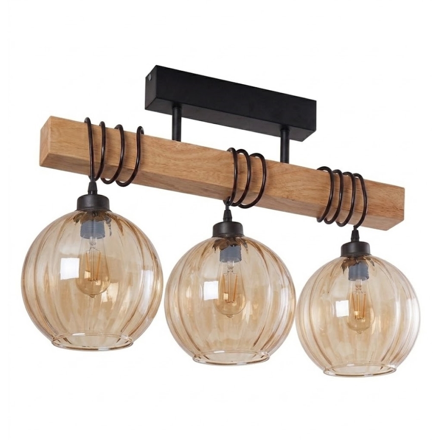 Brilagi - Επιφανειακό φωτιστικό οροφής WOOD GLASS 3xE27/60W/230V πεύκο/μαύρο/καπνιστό καφέ