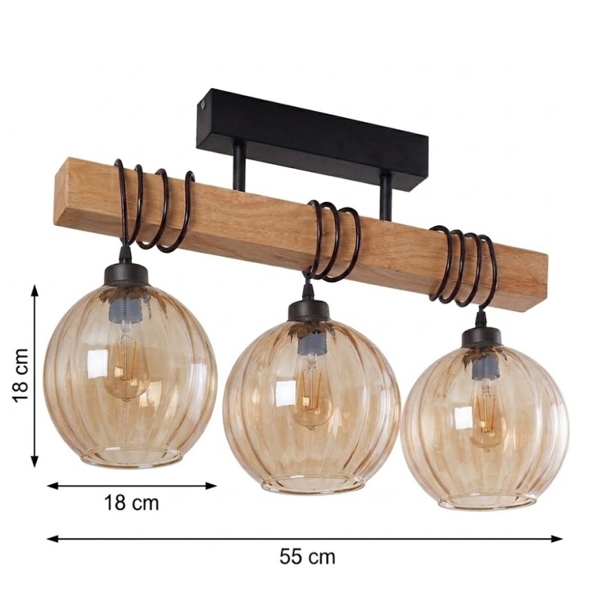 Brilagi - Επιφανειακό φωτιστικό οροφής WOOD GLASS 3xE27/60W/230V πεύκο/μαύρο/καπνιστό καφέ