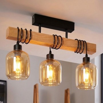 Brilagi - Επιφανειακό φωτιστικό οροφής WOOD GLASS 3xE27/60W/230V πεύκο/μαύρο/καπνιστό καφέ