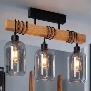 Brilagi - Επιφανειακό φωτιστικό οροφής WOOD GLASS 3xE27/60W/230V πεύκο/μαύρο/καπνιστό γκρι