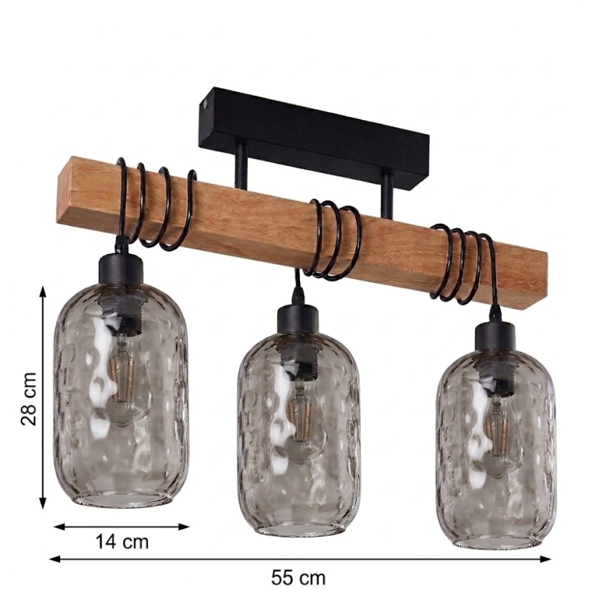 Brilagi - Επιφανειακό φωτιστικό οροφής WOOD GLASS 3xE27/60W/230V πεύκο/μαύρο/καπνιστό γκρι