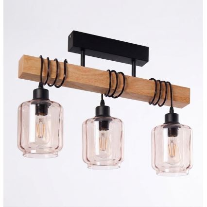 Brilagi - Πλαφονιέρα οροφής WOOD GLASS 3xE27/60W/230V πεύκο/μαύρο/καπνιστό μπεζ