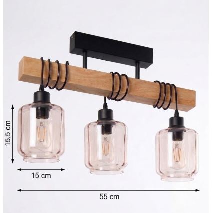 Brilagi - Πλαφονιέρα οροφής WOOD GLASS 3xE27/60W/230V πεύκο/μαύρο/καπνιστό μπεζ