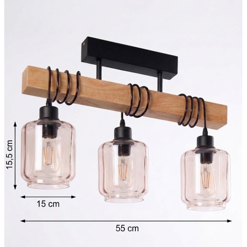 Brilagi - Πλαφονιέρα οροφής WOOD GLASS 3xE27/60W/230V πεύκο/μαύρο/καπνιστό μπεζ