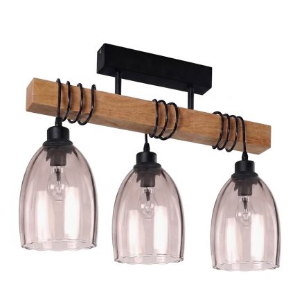 Brilagi - Προσκολλητό φωτιστικό οροφής WOOD GLASS 3xE27/60W/230V πεύκο/μαύρο/καπνιστό μπεζ