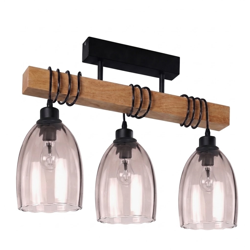 Brilagi - Προσκολλητό φωτιστικό οροφής WOOD GLASS 3xE27/60W/230V πεύκο/μαύρο/καπνιστό μπεζ
