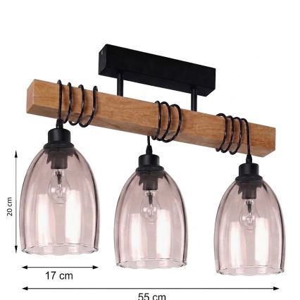 Brilagi - Προσκολλητό φωτιστικό οροφής WOOD GLASS 3xE27/60W/230V πεύκο/μαύρο/καπνιστό μπεζ