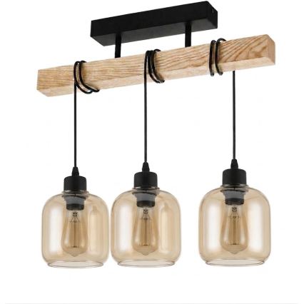 Brilagi - Επιφανειακό φωτιστικό οροφής WOOD GLASS 3xE27/60W/230V πεύκο/μαύρο/καπνιστό καφέ