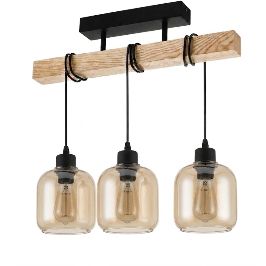 Brilagi - Επιφανειακό φωτιστικό οροφής WOOD GLASS 3xE27/60W/230V πεύκο/μαύρο/καπνιστό καφέ