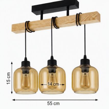 Brilagi - Επιφανειακό φωτιστικό οροφής WOOD GLASS 3xE27/60W/230V πεύκο/μαύρο/καπνιστό καφέ