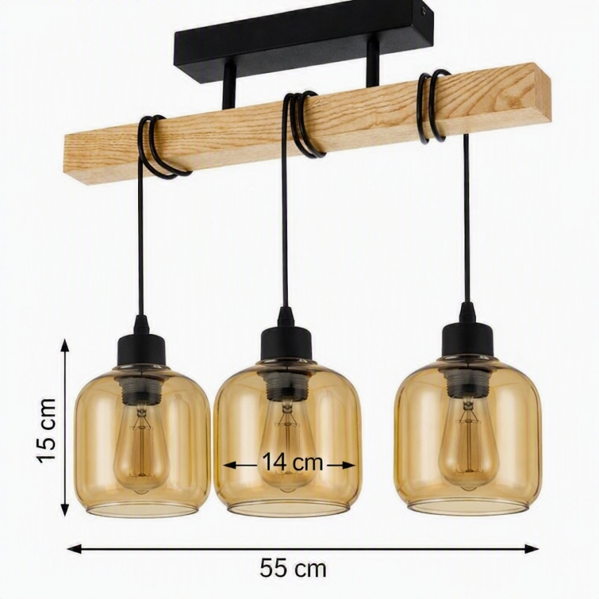 Brilagi - Επιφανειακό φωτιστικό οροφής WOOD GLASS 3xE27/60W/230V πεύκο/μαύρο/καπνιστό καφέ