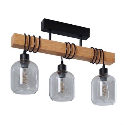 Brilagi - Επιφανειακό φωτιστικό οροφής WOOD GLASS 3xE27/60W/230V πεύκο/μαύρο/καπνιστό γκρι