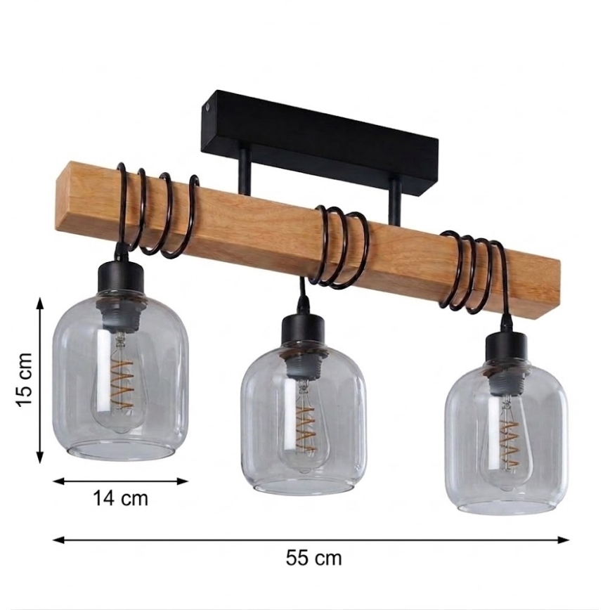Brilagi - Επιφανειακό φωτιστικό οροφής WOOD GLASS 3xE27/60W/230V πεύκο/μαύρο/καπνιστό γκρι