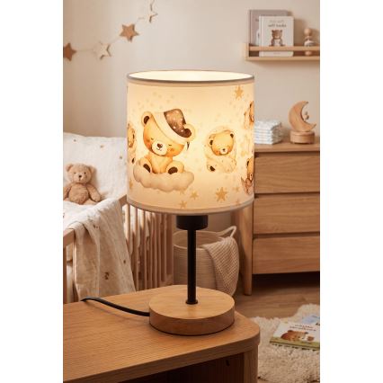 Brilagi - Παιδικό επιτραπέζιο φωτιστικό BOBO WOOD 1xE27/25W/230V δρυς/μαύρο/λευκό/αρκουδάκια
