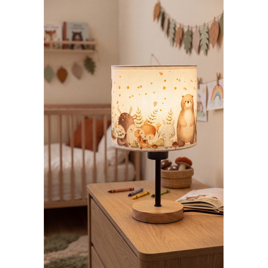 Brilagi - Παιδικό επιτραπέζιο φωτιστικό BOBO WOOD 1xE27/25W/230V δρυς/μαύρο/λευκό/ζωάκια