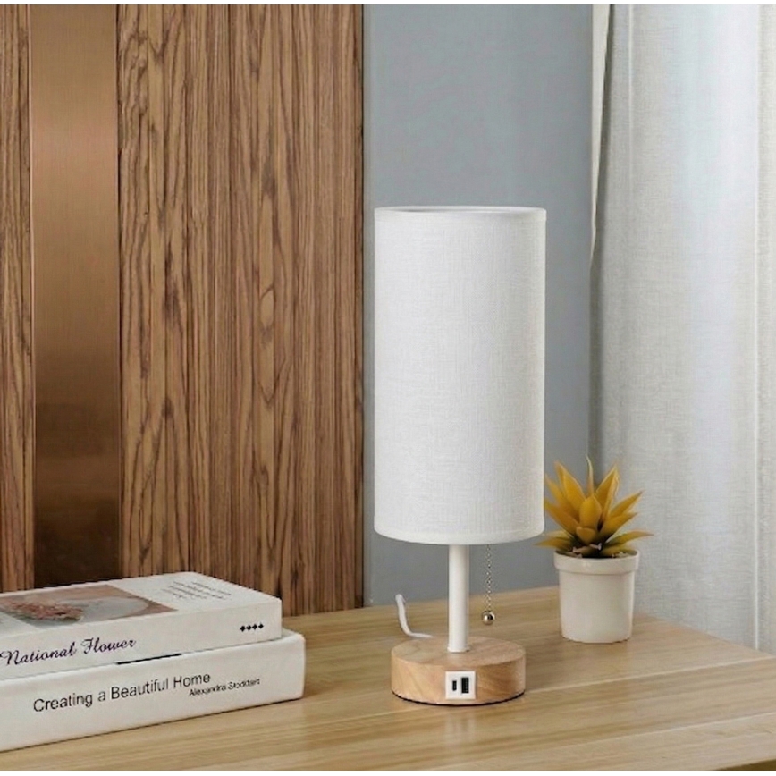 Brilagi - Επιτραπέζιο φωτιστικό TABLON με θύρα USB 1xE27/25W/230V δρυς/λευκό