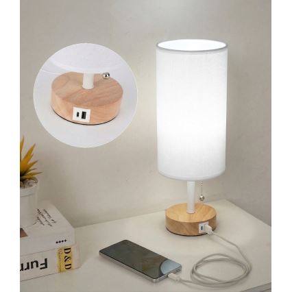 Brilagi - Επιτραπέζιο φωτιστικό TABLON με θύρα USB 1xE27/25W/230V δρυς/λευκό
